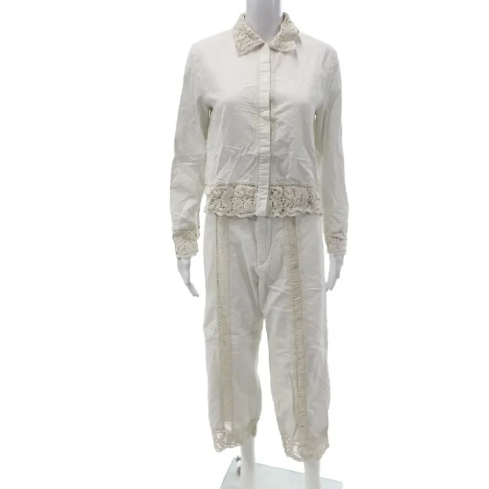 Zara Womens Set White Cotton Collared Long Sleeve Bohemian Size M